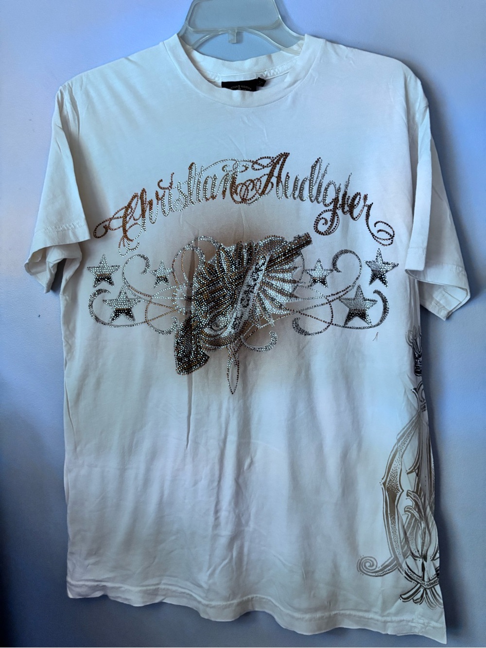 Christian Audigier Vintage White Short-Sleeve Embellished Graphic Tee